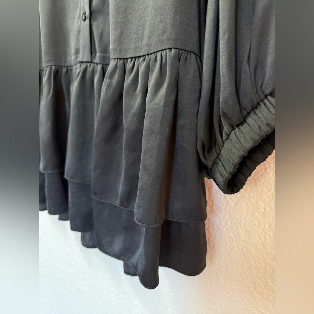 Uli Herzner Black Shirt Dress | Ruffle Hem| Silk Blend | Elegant Mini Dress - Picture 5 of 13